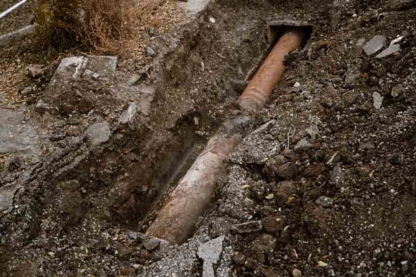 top view of old rusty sewer pipe in open trench