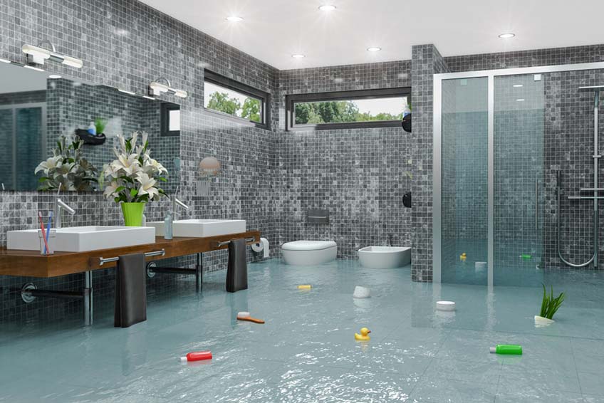 Large, modern bathroom completely flooded with a couple feet of standing water