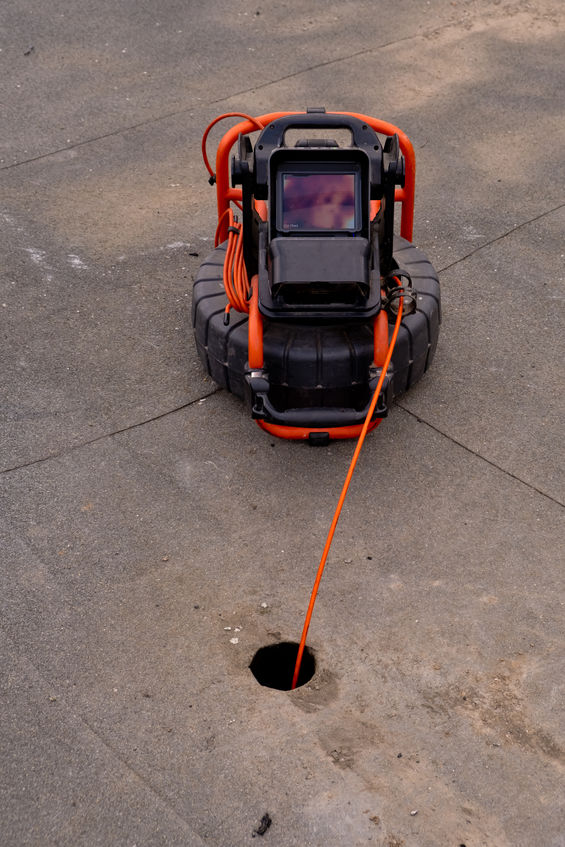 Portable camera with line inserted in hole for pipe inspection