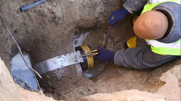 Sewer technician working on sewer line inside of dug out trench