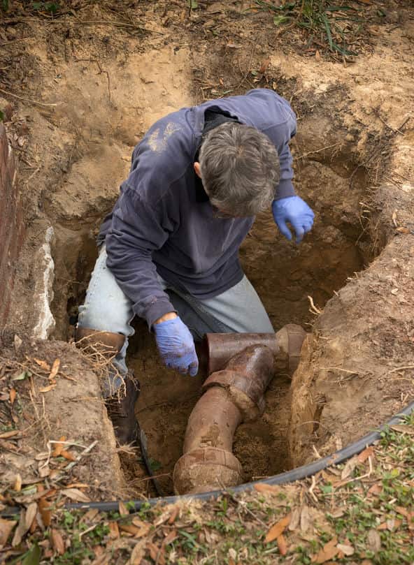 Sewer technician working on sewer line inside of dug out trench