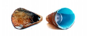 Cross section of two pipelines, one pipeline corroded and one clean, brand new