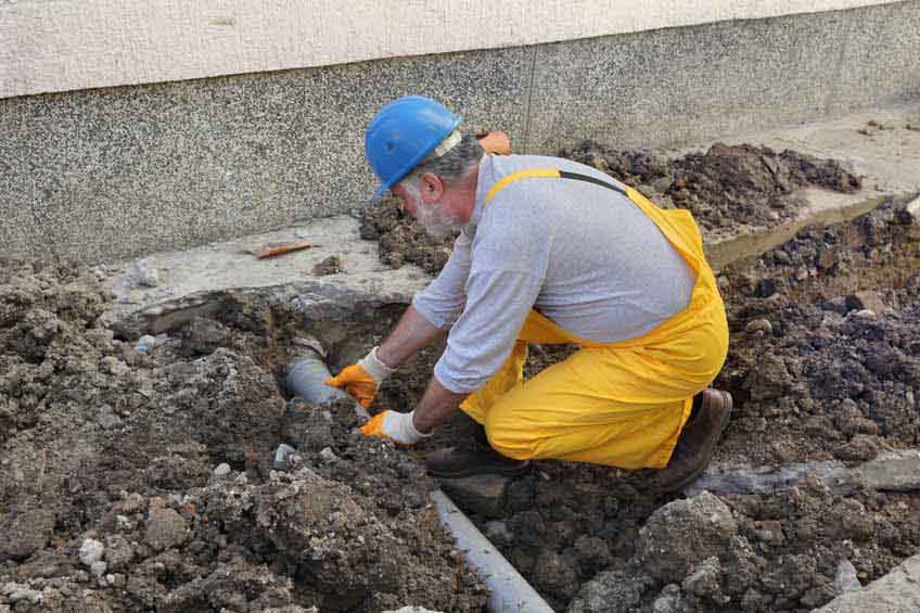 Sewer technician attaching pipe near outside wall.