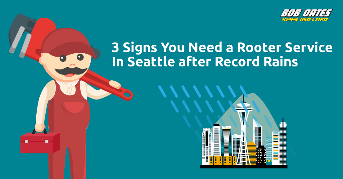 Cartoon plumber with large wrench next to small graphic of rainy Seattle