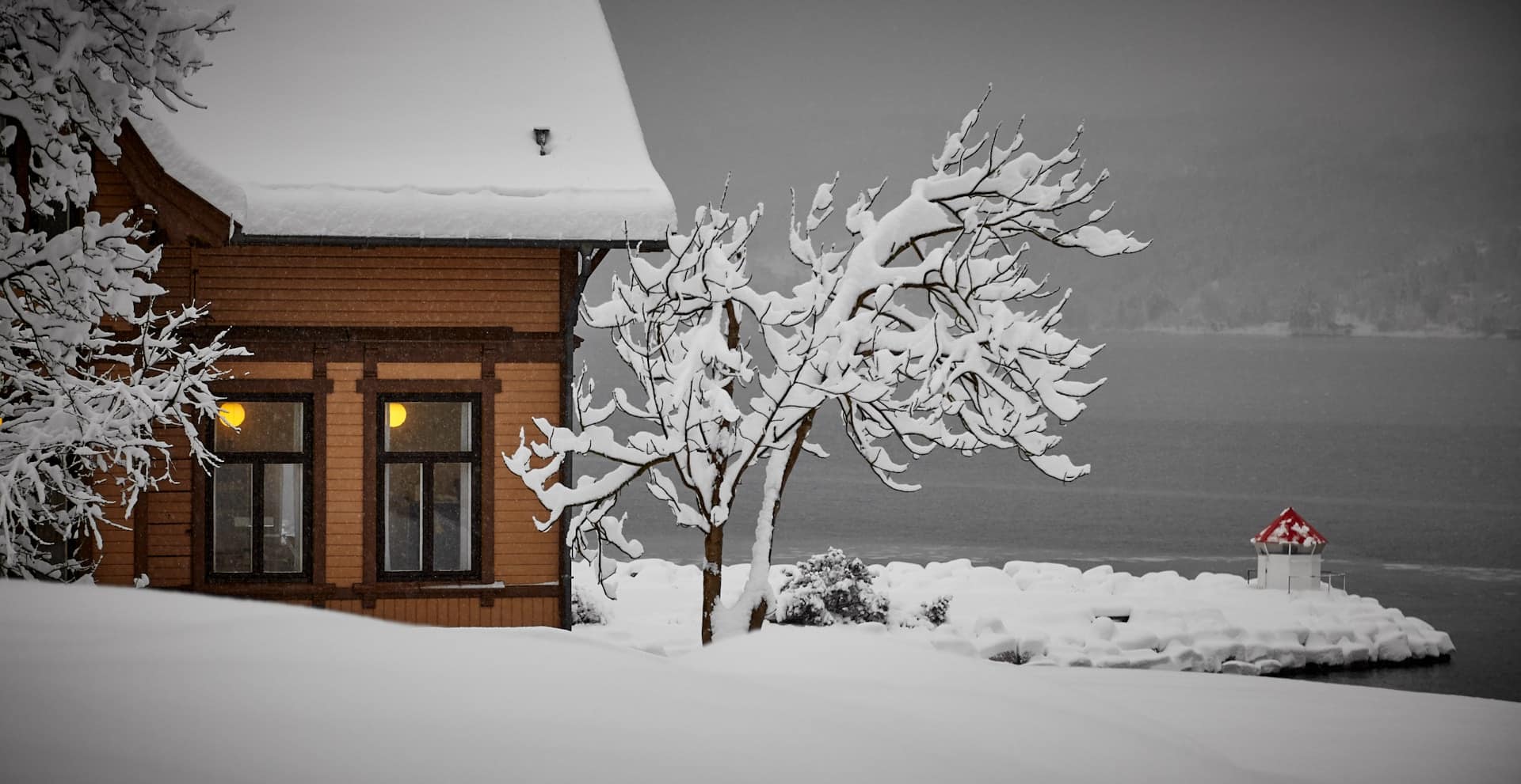 Image of a snow covered house, snow across the front yard and a tree with snow-covered branches