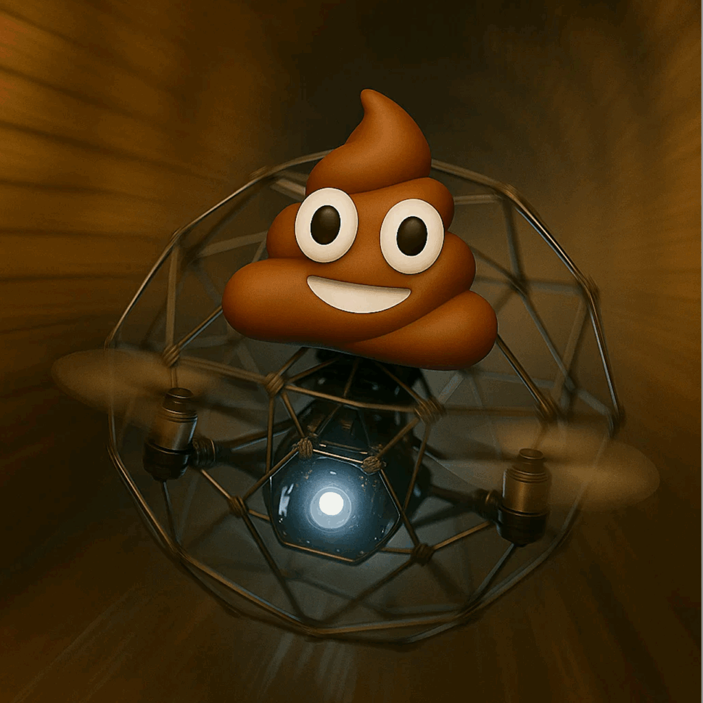 A generated image of a poop emoji atop a drone in flight. The drone is flying through a large underground sewer doing an inspection, hence the nickname "poop drone"