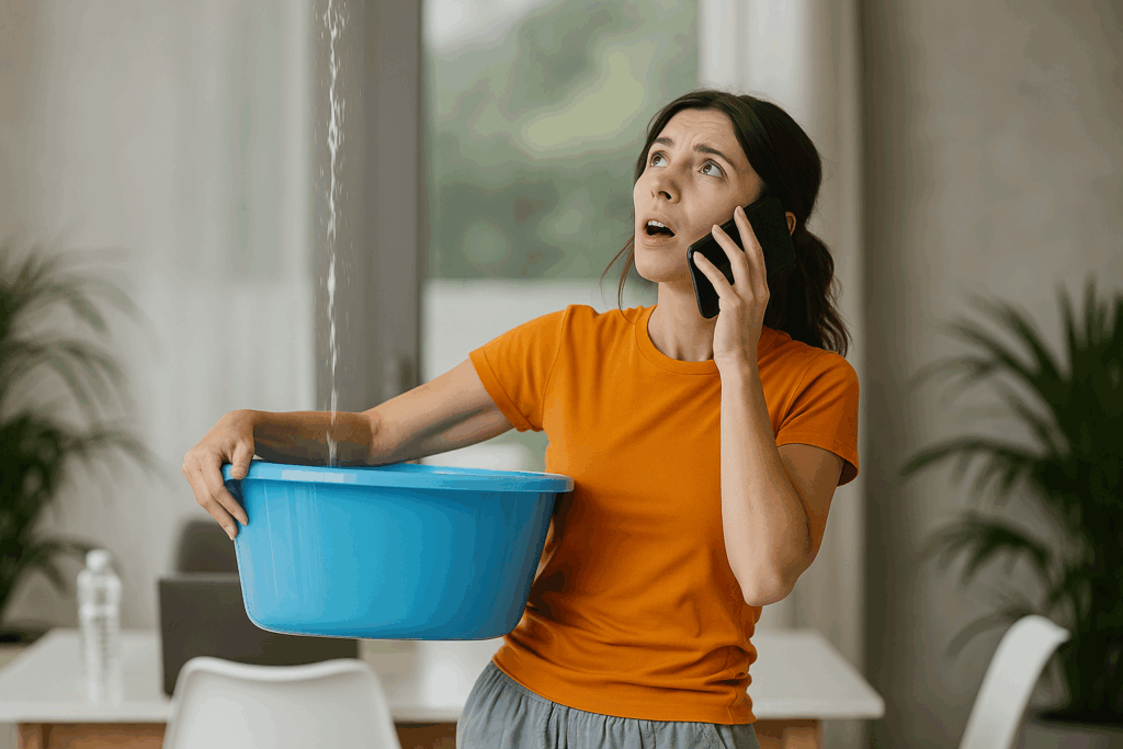Woman holding a blue bucket under a leaking ceiling while calling a plumber on her phone