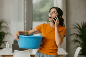 Woman holding a blue bucket under a leaking ceiling while calling a plumber on her phone