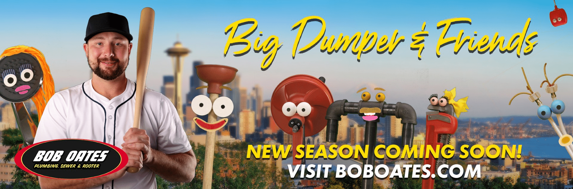 Seattle catcher Cal Raleigh, known as “The Big Dumper,” stands with Poopy the Plunger and other animated plumbing tool mascots from Bob Oates Plumbing, Sewer & Rooter, with the Seattle skyline in the background.