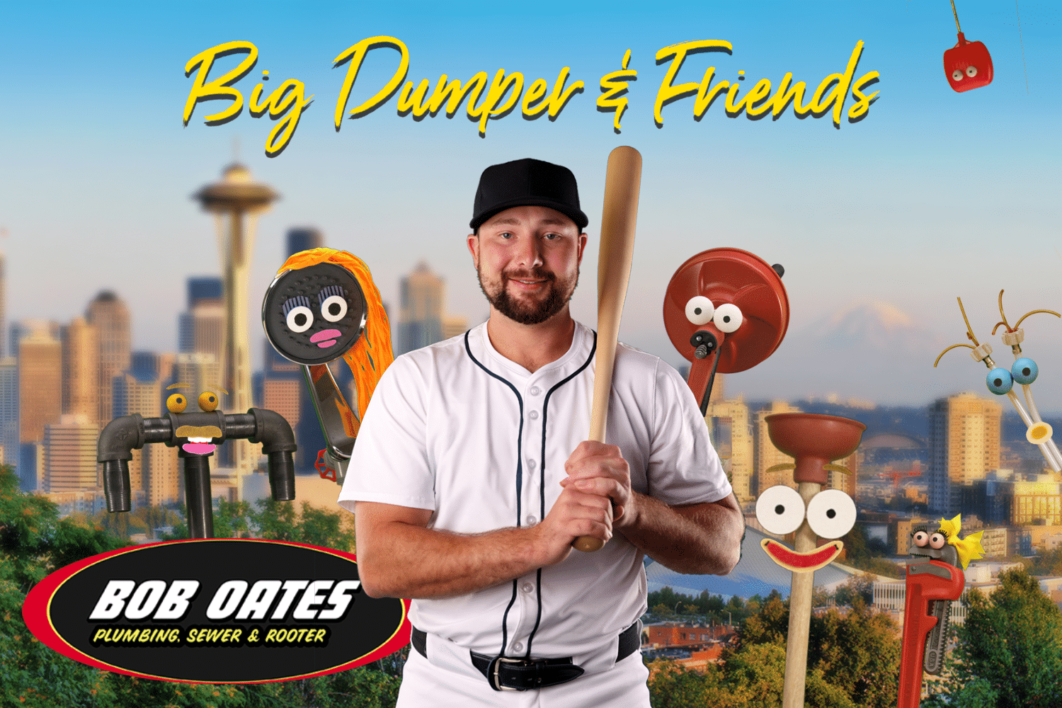 Big Dumper & Friends – Bob Oates Plumbing Collaboration Cal Raleigh, “Big Dumper,” holding a bat alongside Bob Oates Plumbing mascots Poopy the Plunger and friends, with the Seattle skyline in the background.