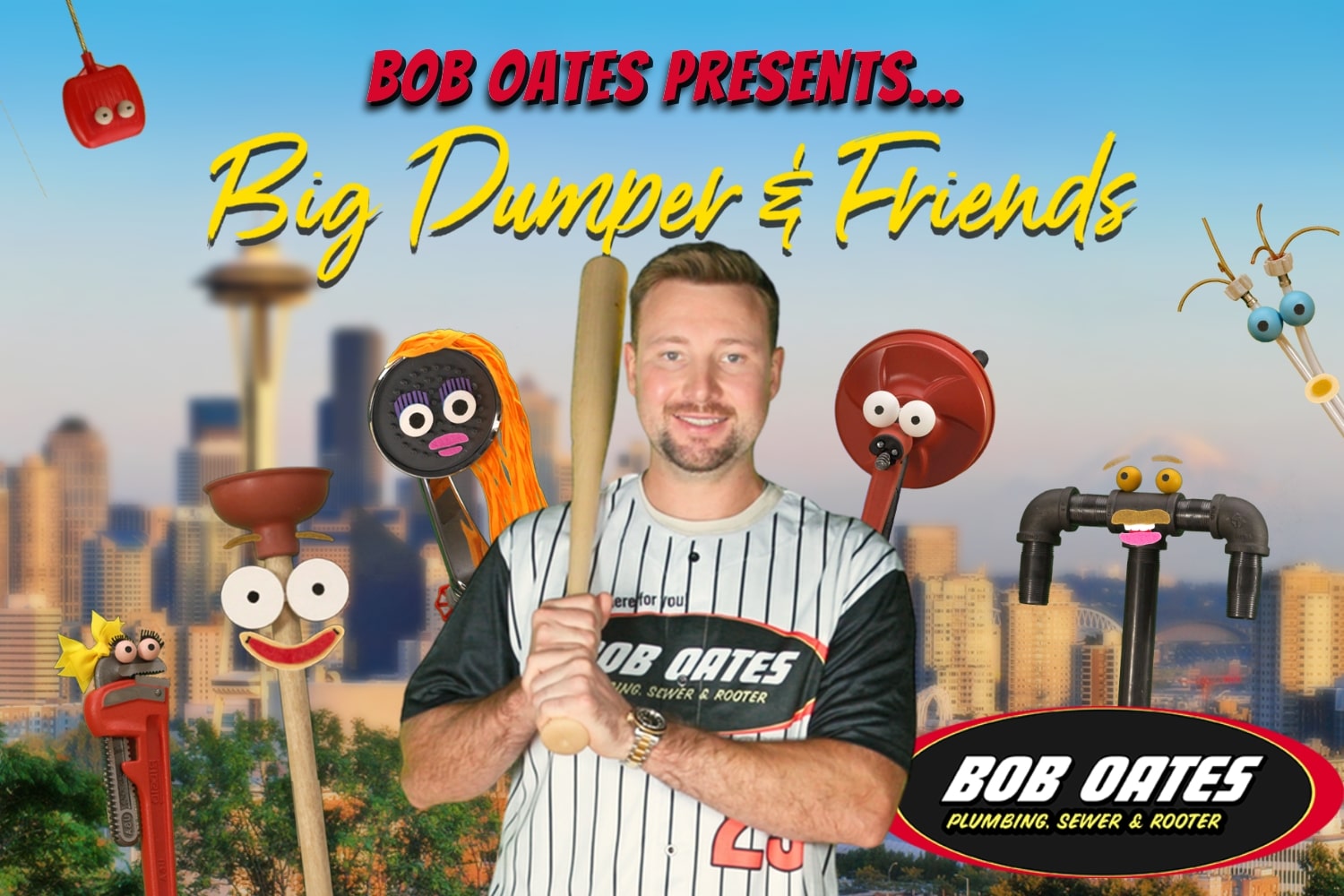 Cal Raleigh, “Big Dumper,” holding a bat alongside Bob Oates Plumbing mascots Poopy the Plunger and friends, with the Seattle skyline in the background.