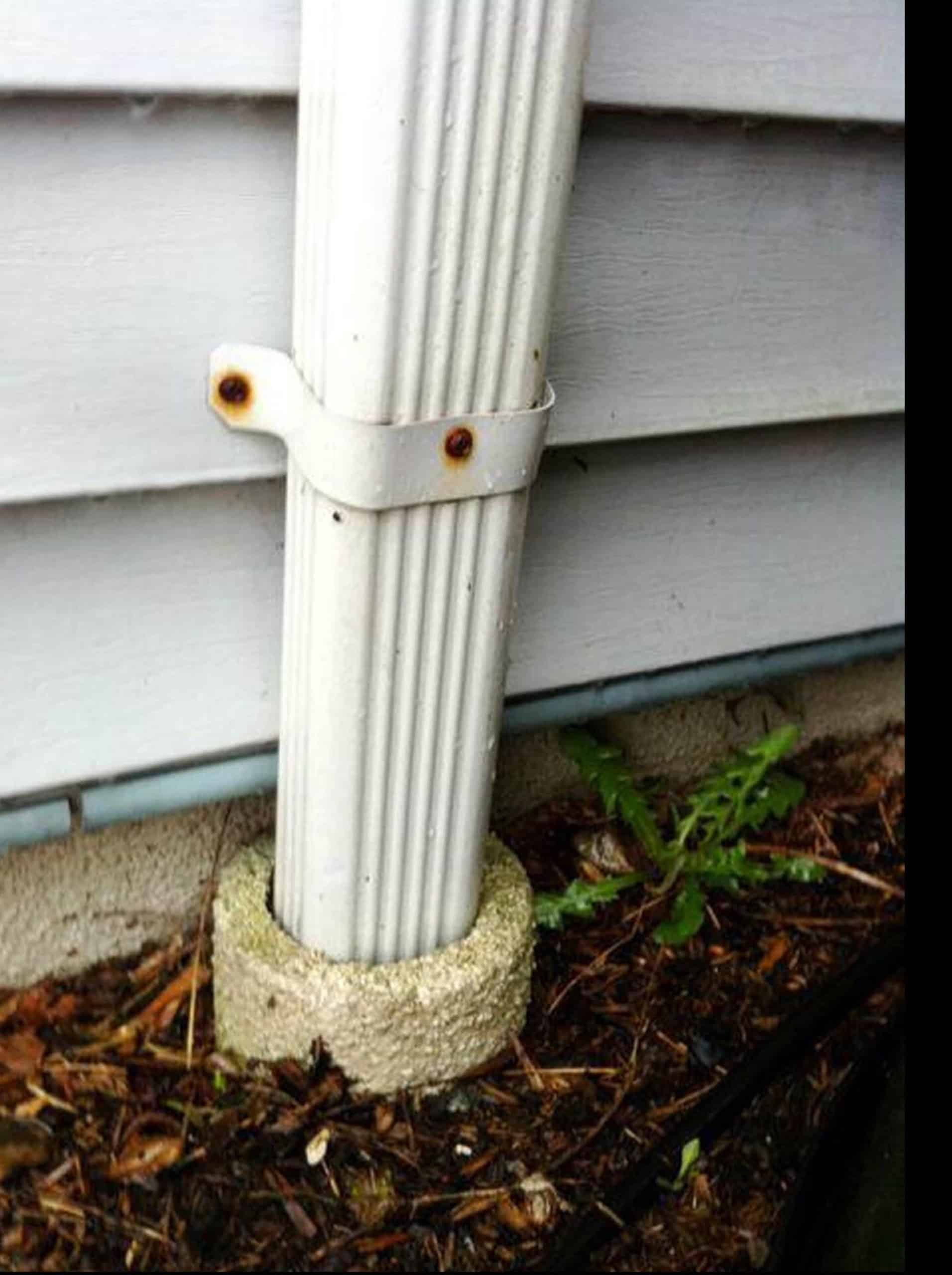 White metal downspout attached to a Seattle home exterior draining into underground line near foundation