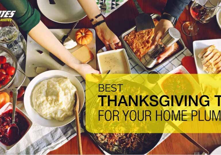 Thanksgiving dinner table with mashed potatoes, cranberry sauce, casseroles, and serving dishes, featuring the Bob Oates Plumbing, Sewer & Rooter logo for a blog about holiday plumbing tips.