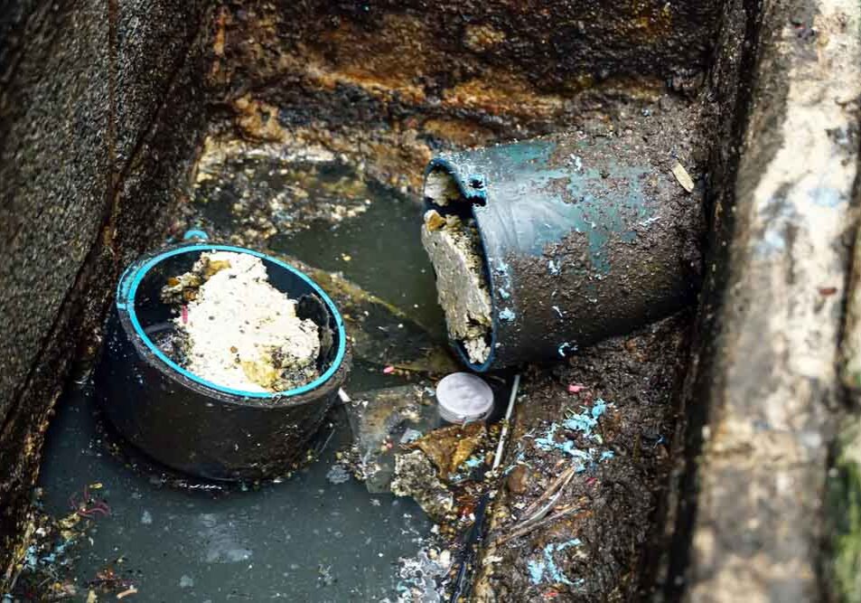 Section of sewer pipes clogged with grease and fat