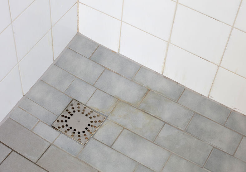 Shower floor drain with tile flooring showing early signs of buildup and staining.