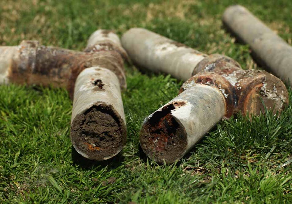 Rusty, broken and clogged sewer pipes dug up and sitting on the grass in a homeowner's yard